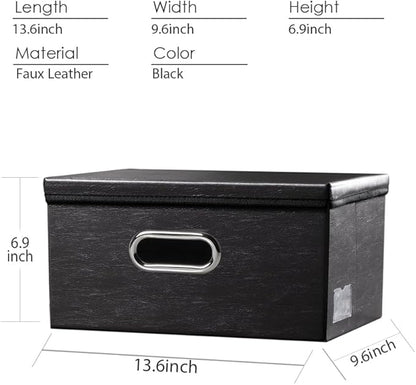 PRANDOM Collapsible Storage Box with Lid [1-Pack] Leather Fabric Foldable Storage Bin Organizer Container Basket Cube with Cover for Home Bedroom Closet Office Nursery Black (13.6x9.6x6.9)