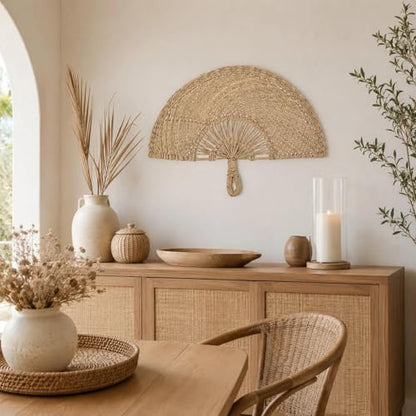 LOGOFUN Handmade Straw Woven Semicircle Fan Wall Art Decor | For Rustic Farmhouse Decoration, Boho Wedding Hanging Ornament
