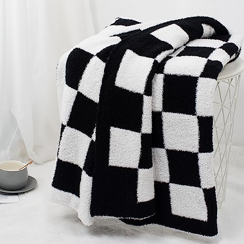 Carriediosa Checkered Throw Blanket 50" X 60", 400GSM Ultra Soft Microfiber Fuzzy Fluffy Reversible Cute Preppy Knitted Blankets Cozy Plush Fall Throws for Couch, Bed, Sofa, Black - color: Check - Black, size: 50" X 60"