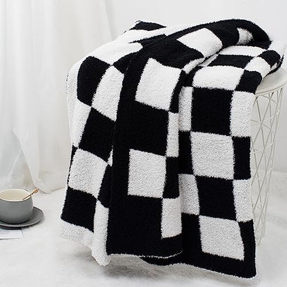 Carriediosa Checkered Throw Blanket 50" X 60", 400GSM Ultra Soft Microfiber Fuzzy Fluffy Reversible Cute Preppy Knitted Blankets Cozy Plush Fall Throws for Couch, Bed, Sofa, Black - color: Check - Black, size: 50" X 60"