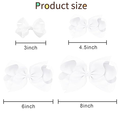 Oaoleer 8PCS Hair Bows for Girls White Grosgrain Ribbon Boutique Bow Alligator Clips Hair Accessories for Toddlers Little Girls Kids (8inch, 6inch, 4.5inch, 3inch in Pair)