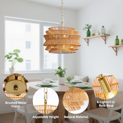 6-Light Boho Rattan Chandelier, 17.7 inch Hand Woven Farmhouse Hanging Light Fixture, Rustic Woven Ceiling Lamp for Kitchen Island, Dining Room, Living Room & Foyer - color: 17.7" Brown