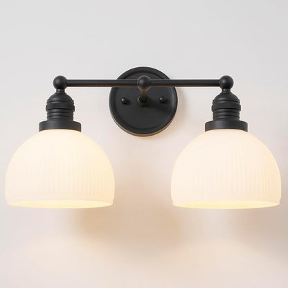 2-Light Wall Sconces,Black Double Bathroom Vanity Light with Milk Glass Minimalist Farmhouse Wall Sconce Light Lamp for Bathroom Mirror Living Room Bedroom Kitchen E26 Hardwire Indoor