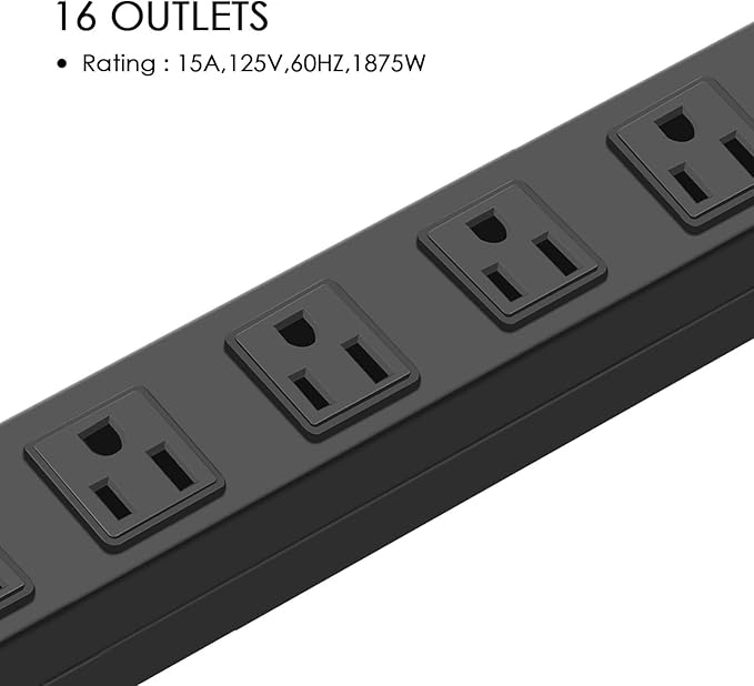 HHSOET 16-Outlet Metal Wall Mount Power Strip, 15 ft 14AWG Power Cord, 15A 125V 1875W, Black