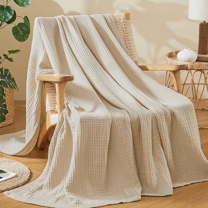 EMME Cotton Muslin Throw Blanket Couch Breathable Gauze Soft Lightweight Bed Blankets Adults (Heather Beige, 50"x60") - color: 03 - Beige, size: Throw (50" X 60")