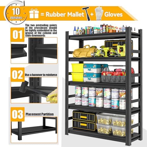 Heavy Duty Metal Garage Shelving Unit, 5 - Tier Adjustable Storage Shelves, 3000LBS for Garage & Basement, Kitchen and Pantry Industrial Steel Rack, Ideal for Tool Organization & Storage, Black,73"H