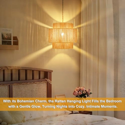plug in pendant light rattan hanging lamp with 14.7ft Hemp Rope，Dimmable boho pendant lamp with adjustable cord，high output wicker hanging light plug in Woven Shade for Bedroom Dinning Kitchen - size: 3 tier HL-8