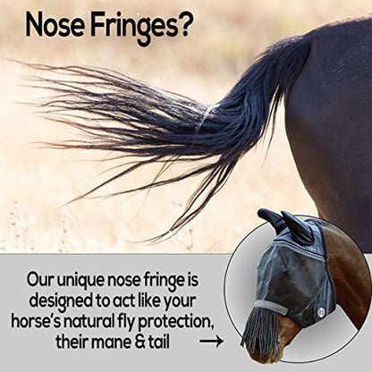 Derby Originals Reflective Safety Horse Fly Mask with Ears and Nose Cover Fringes,White,Full Horse (Large),72-7181WH-L