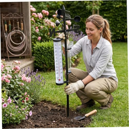 Weather Station - 3 in 1 Garden Thermometer Rain Wind Indicator with Stake, Fahrenheit/Celsius