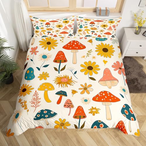 Castle Fairy Retro Mushroom Flowers Duvet Cover Set Twin Size,70s 60s Groovy Comforter for Kids Boys Bedroom Gift,Vintage Boho Plant Floral Bedding with 1 Pillowcase Bedspread, 68''x90'' - color: Multi 07, size: Twin 68"x90"