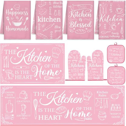 Pink Kitchen Accessories Set 10 Piece - Cute Baking Theme Kitchen Towels, Rugs, Oven Mitts and Pot Holders - Happiness is Homemade Retro Decor Gift for Baker, Mom, Women