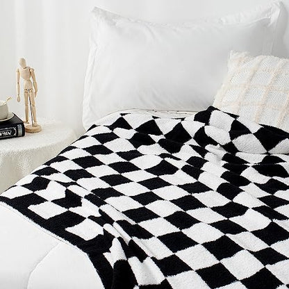 Carriediosa Checkered Throw Blanket 50" X 60", 400GSM Ultra Soft Microfiber Fuzzy Fluffy Reversible Cute Preppy Knitted Blankets Cozy Plush Fall Throws for Couch, Bed, Sofa, Black - color: Check - Black, size: 50" X 60"