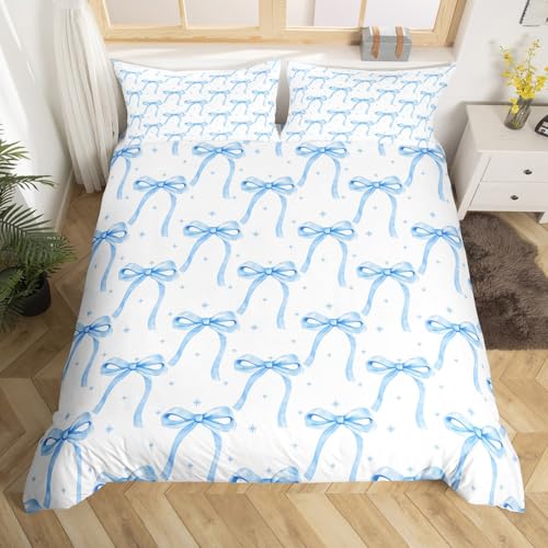 Cartoon Bowknot Girls Duvet Cover Set King Size Kids Bow Tie Princess Bedding Sets 3Pcs for Child Girly Woman Room Decor, Butterfly Knot Quilt Cover with 2 Pillowcases (No Comforter) Blue - color: Blue, size: King 104"x90"