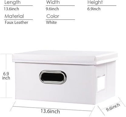 PRANDOM Collapsible Storage Box with Lid [1-Pack] Leather Fabric Foldable Storage Bin Organizer Container Basket Cube with Cover for Home Bedroom Closet Office Nursery White (13.6x9.6x6.9)