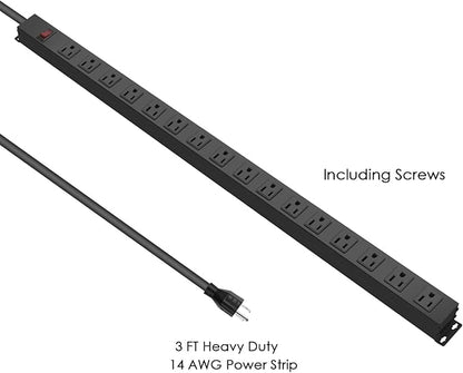 HHSOET Metal Wall Mount Power Strip, 16 Outlets, 3 FT SJT 3/C 14AWG Power Cord, 15A 125V 1875W, Black