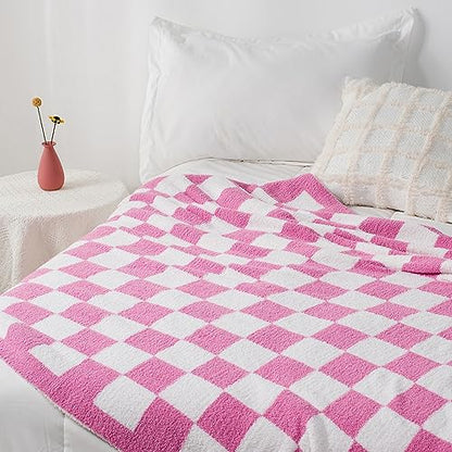 Carriediosa Checkered Throw Blanket 90" X 90" Queen, 400GSM Ultra Soft Microfiber Fuzzy Fluffy Reversible Cute Preppy Knitted Blankets Cozy Plush Fall Throws for Couch, Bed, Sofa, Hot Pink - color: Check - Hot Pink, size: 90" X 90"