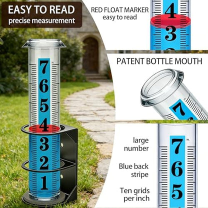 YZDTECH Rain Gauge Outdoor, 7" Easy to Read Rain Measure Gauge with Red Float, Rain Gauges Outdoors Best Rated with Metal Rack Holder, Large Freeze Proof Plastic Replacement Tube for Yard Garden