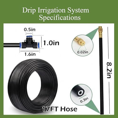 360° Adjustable Drip Irrigation System - 17FT Garden Watering System with 5 Nozzles, Garden Irrigation System, Greenhouse Accessories, Atomizing System for Yard, Lawn, Plants, 5/16 inch Hose