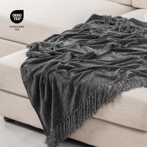 RECYCO Throw Blanket Soft Cozy Chenille Throw Blanket with Fringe Tassel for Couch Sofa Chair Bed Living Room Gift (Dark Gray, 50" x 60") - color: Dark Gray, size: 50'' X 60''