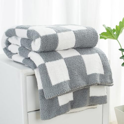 Carriediosa Checkered Throw Blanket 50" X 60", 400GSM Ultra Soft Microfiber Fuzzy Fluffy Reversible Cute Preppy Knitted Blankets Cozy Plush Fall Throws for Couch, Bed, Sofa, Grey - color: Check - Grey, size: 50" X 60"