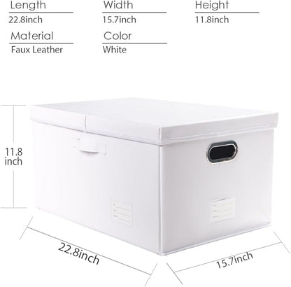 PRANDOM Collapsible Storage Box with Lid [1-Pack] Leather Fabric Foldable Storage Bin Organizer Container Basket Cube with Cover for Home Bedroom Closet Office Nursery White (22.8X15.7X11.8)
