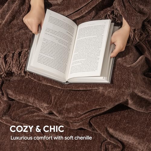 RECYCO Throw Blanket Soft Cozy Chenille Throw Blanket with Fringe Tassel for Couch Sofa Chair Bed Living Room Gift(Brown, 50'' x 60'') - color: Brown, size: 50'' X 60''