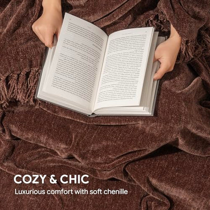 RECYCO Throw Blanket Soft Cozy Chenille Throw Blanket with Fringe Tassel for Couch Sofa Chair Bed Living Room Gift(Brown, 50'' x 60'') - color: Brown, size: 50'' X 60''
