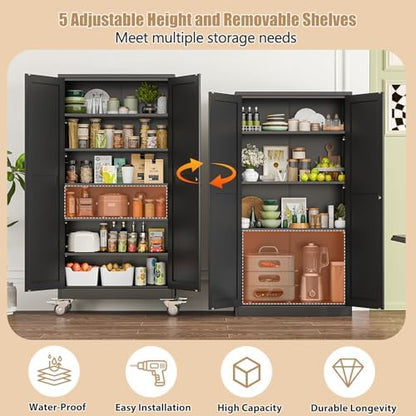 74" H Metal Pantry Storage Locker Cabinet with Wheels,Rolling Kitchen Pantry Cabinet with 2 Doors and 5 Adjustable Shelves, Lockable Steel Garage Tool Cabinet Organization for Home,Gym,School,Black