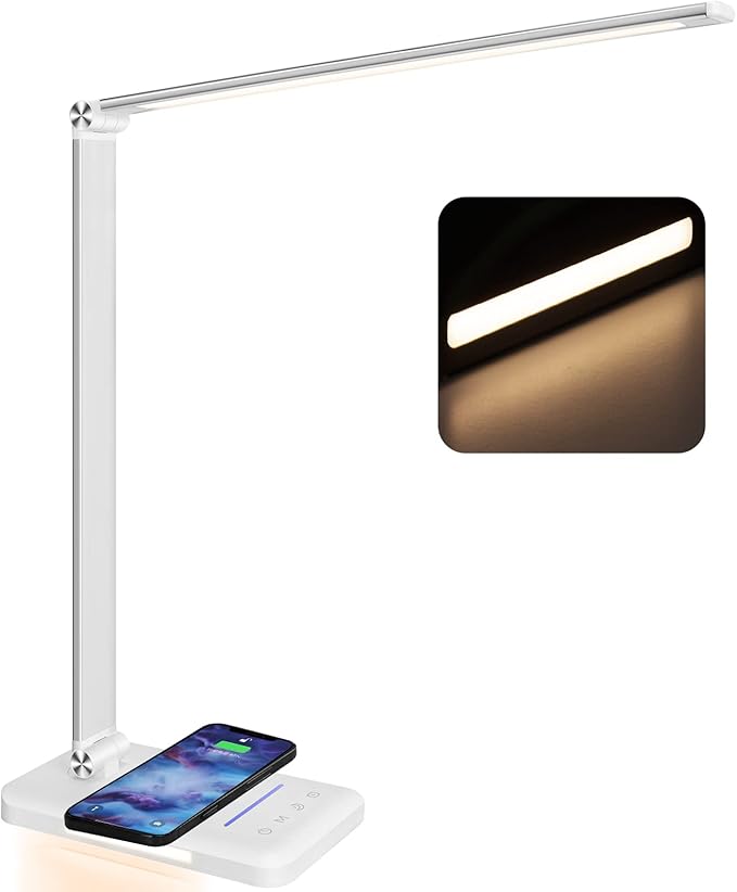 LED Desk Lamp with Night Light, Fast Wireless Charger, USB Charging Port, 10 Brightness, 5 Color Modes, Dimmable Bedside Table Lamp for Bedroom, Touch Control, Auto Timer, 1200Lux Super Bright