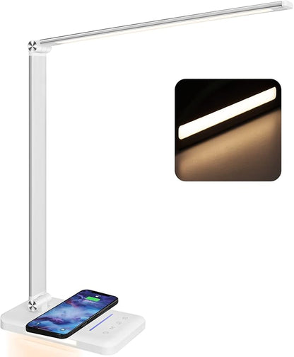 LED Desk Lamp with Night Light, Fast Wireless Charger, USB Charging Port, 10 Brightness, 5 Color Modes, Dimmable Bedside Table Lamp for Bedroom, Touch Control, Auto Timer, 1200Lux Super Bright