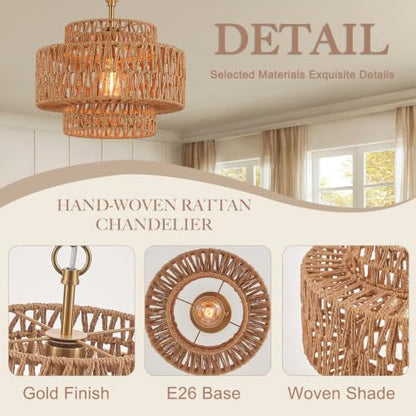 12.6" Rattan Pendant Light, Hand-Woven Boho Farmhouse Hanging Light Fixture, Mini Drum Wicker Rattan Chandelier for Kitchen Island, Bedroom, Dining Room, Entryway - color: Gold 12.6"