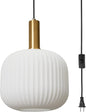 Plug in Pendant Light with Cord, 9.8" Milk Glass Hanging Light Fixture, White Ribbed Globe Swag Lamp with On/Off Switch, Mid-Century Modern Hanging Lamp for Bedroom, Kitchen, Dining Room