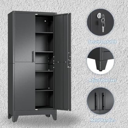 Tall Metal Storage Cabinet with Lock, 4 Adjustable Shelves, Steel Cabinet