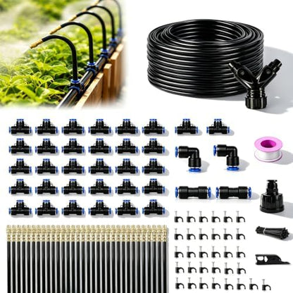 5/16" Drip Irrigation System 130 ft with 32-Pcs 360° Adjustable Copper Nozzles, Automatic Misting Watering System for Garden, Raised Beds, Greenhouse (130ft+32 nozzles)