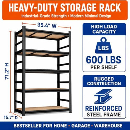 PRESTELION Heavy Duty Garage Shelving with Adjustable Wood Shelves 5 Tier
