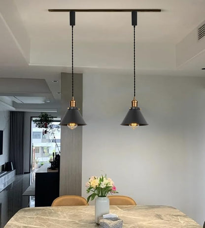 Set of Three Adjusted Wire Length H-Type Track Hanging Light 3.9 Ft Cord E26 Vintage Brass Base Industrial Design Black Metal Pendant Light Fixture for Loft Aisle Bar(No Bulb, Track)