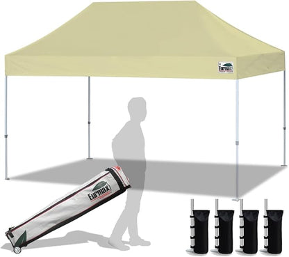 Eurmax USA 10'x15' Pop Up Canopy Tent Commercial Instant Canopies with Heavy Duty Roller Bag,Bonus 4 Sand Weights Bags (Beige)