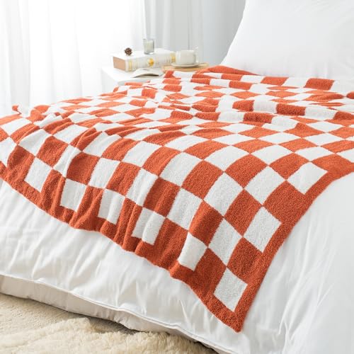Carriediosa Checkered Throw Blanket 90" X 90" Queen, 400GSM Ultra Soft Microfiber Fuzzy Fluffy Reversible Cute Preppy Knitted Blankets Cozy Plush Fall Throws for Couch, Bed, Sofa, Rust - color: Check - Rust, size: 90" X 90"
