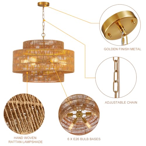 23.6" Rattan Chandelier Light Fixture,6-Light Vertical Woven Rattan Chandelier, 3-Tier Drum Hand-Woven Boho Light Fixture for Dining Room, Bedroom, Kitchen Island, Foyer - color: Gold-A 23.6"