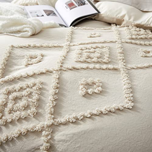 Oli Anderson Tufted Duvet Cover King Size, Soft and Lightweight Duvet Covers Set for All Seasons, 3 Pieces Boho Embroidery Shabby Chic Bedding Set (Beige, King, 104" x 90") - color: Beige, size: King(104"×90")
