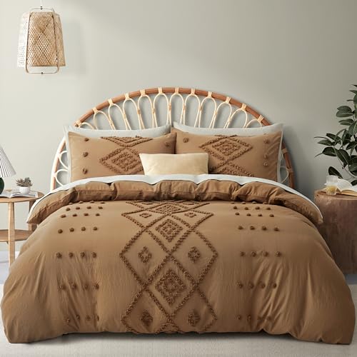 Oli Anderson Tufted Duvet Cover Queen Size, Soft and Lightweight Duvet Covers Set for All Seasons, 3 Pieces Boho Embroidery Shabby Chic Bedding Set (Pumpkin Brown, Queen, 90"×90") - color: Pumpkin Brown, size: Full/Queen(90"×90")