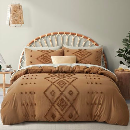 Oli Anderson Tufted Duvet Cover Queen Size, Soft and Lightweight Duvet Covers Set for All Seasons, 3 Pieces Boho Embroidery Shabby Chic Bedding Set (Pumpkin Brown, Queen, 90"×90") - color: Pumpkin Brown, size: Full/Queen(90"×90")
