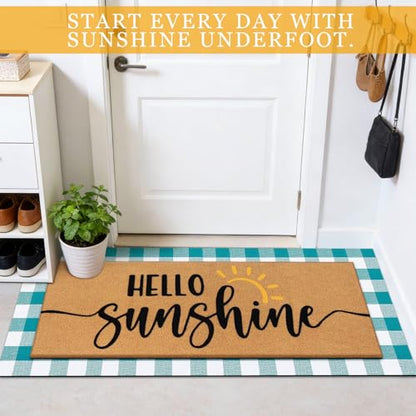 Tinideya 2 Pcs Summer Door Mat 17"x47" Hello Sunshine Welcome Non Slip Coir Blue White Plaid Buffalo Mats Large Floor Layering Doormats Seasonal for Front Porch Entryway Decor(Hello Sunshine)