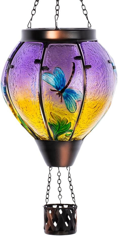 Starsoul Dragonfly Hot Air Balloon Solar Lantern Outdoor Glass Hanging Hot Air Balloon Lantern with Flame Light Waterproof for Patio Pathway Yard Porch Backyard Decor