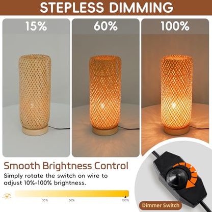 Behemian Bamboo Table Lamp, Dimmable Rustic Farmhouse Hand Wicker Desk Lamp Bedside Lamps Night Light Decorations for Bedroom, Living Room, Home Office, Nursery, Reading Nook (Bulb Included)