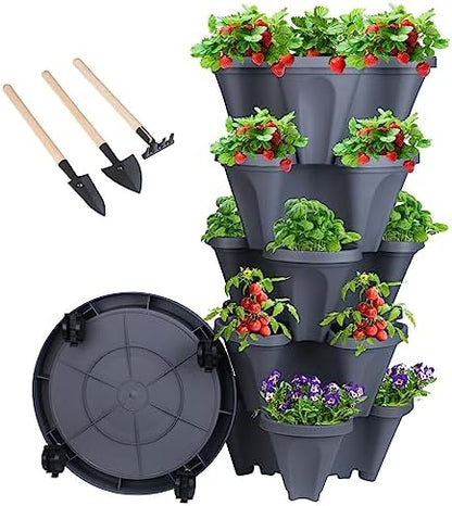 DUNCHATY Stackable Planter, Vertical Garden Planter with Wheels and Tools, Self Watering Strawberry Indoor/Outdoor 5 Tier Tower Herb for Growing Vegetables Succulents, Dark Gray