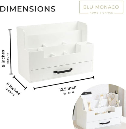 BLU MONACO White Wooden Desk Organizer With Drawer | Desktop Storage With Drawers | Multi-Compartment Desk Caddy for Home Office | 5.7”D x 12.9”W x 9”H Tabletop Accessory Holder
