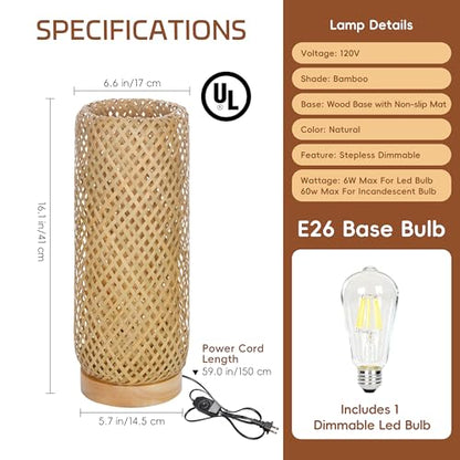 Behemian Bamboo Table Lamp, Dimmable Rustic Farmhouse Hand Wicker Desk Lamp Bedside Lamps Night Light Decorations for Bedroom, Living Room, Home Office, Nursery, Reading Nook (Bulb Included)