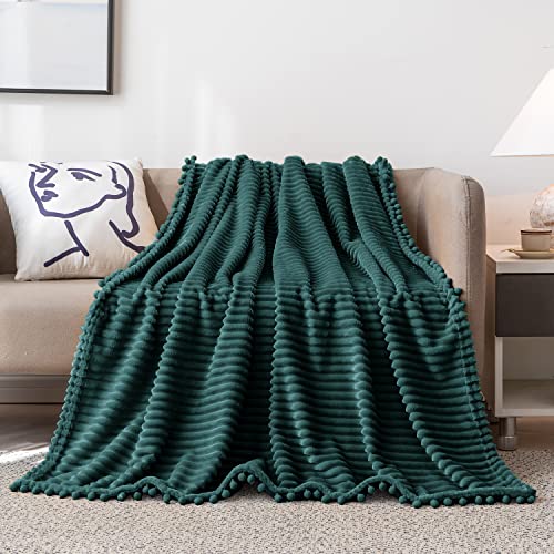 DISSA Fleece Blanket Throw Size – 51x63, Green – Soft, Plush, Fluffy, Fuzzy, Warm, Cozy – Perfect Throw for Couch, Bed, Sofa - with Pompom Fringe - Flannel Blanket Throw Blanket - color: Green, size: 51x63"