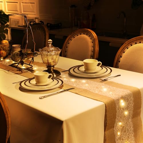 Xinnun 6 Pack Burlap Table Runner with Warm LED Lights,Rustic Lace Wedding Table Decor,Boho Farmhouse Jute Runner for Reception Bridal Shower Party(Classic,12x108 Inches) - size: 12X108 Inches, style: Classic